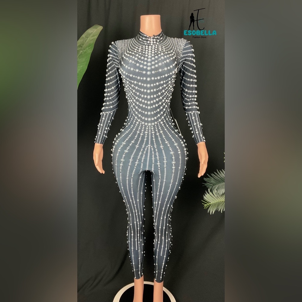 Pearl Embellished Long Sleeve Bodycon Jumpsuit